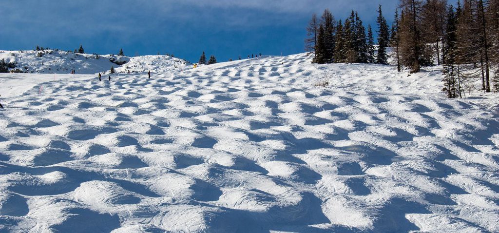 ski slope covered in mogul field