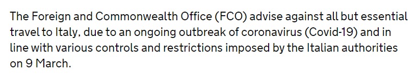 Text from FCO website advising against travel to Italy due to Coronavirus