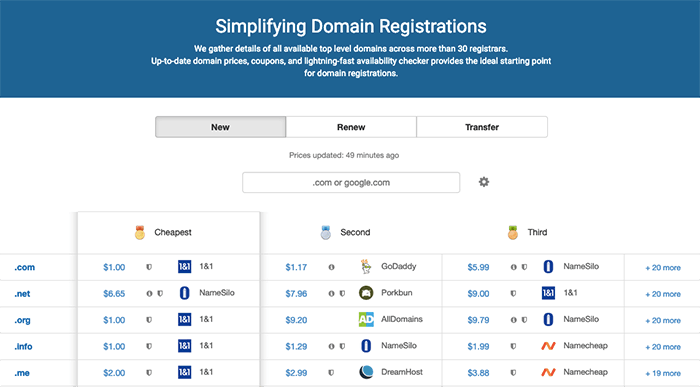 Domcomp 查詢最便宜的網域購買的域名註冊商