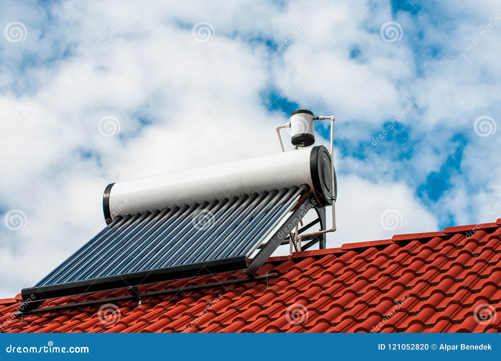 Solar Water Heater Boiler On Residentual House Rooftop Stock Photo