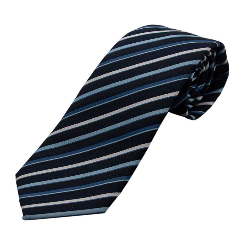 Dark blue tie with candy cane diagonal stripes coloured in various shades of blue.
