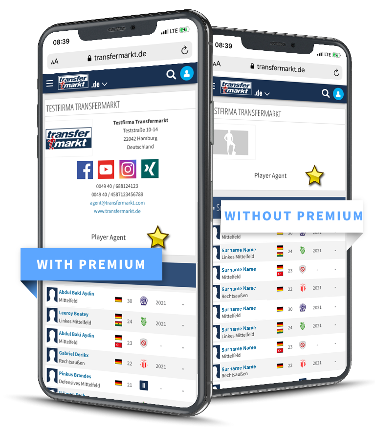 Situs web Transfermarkt di dua smartphone