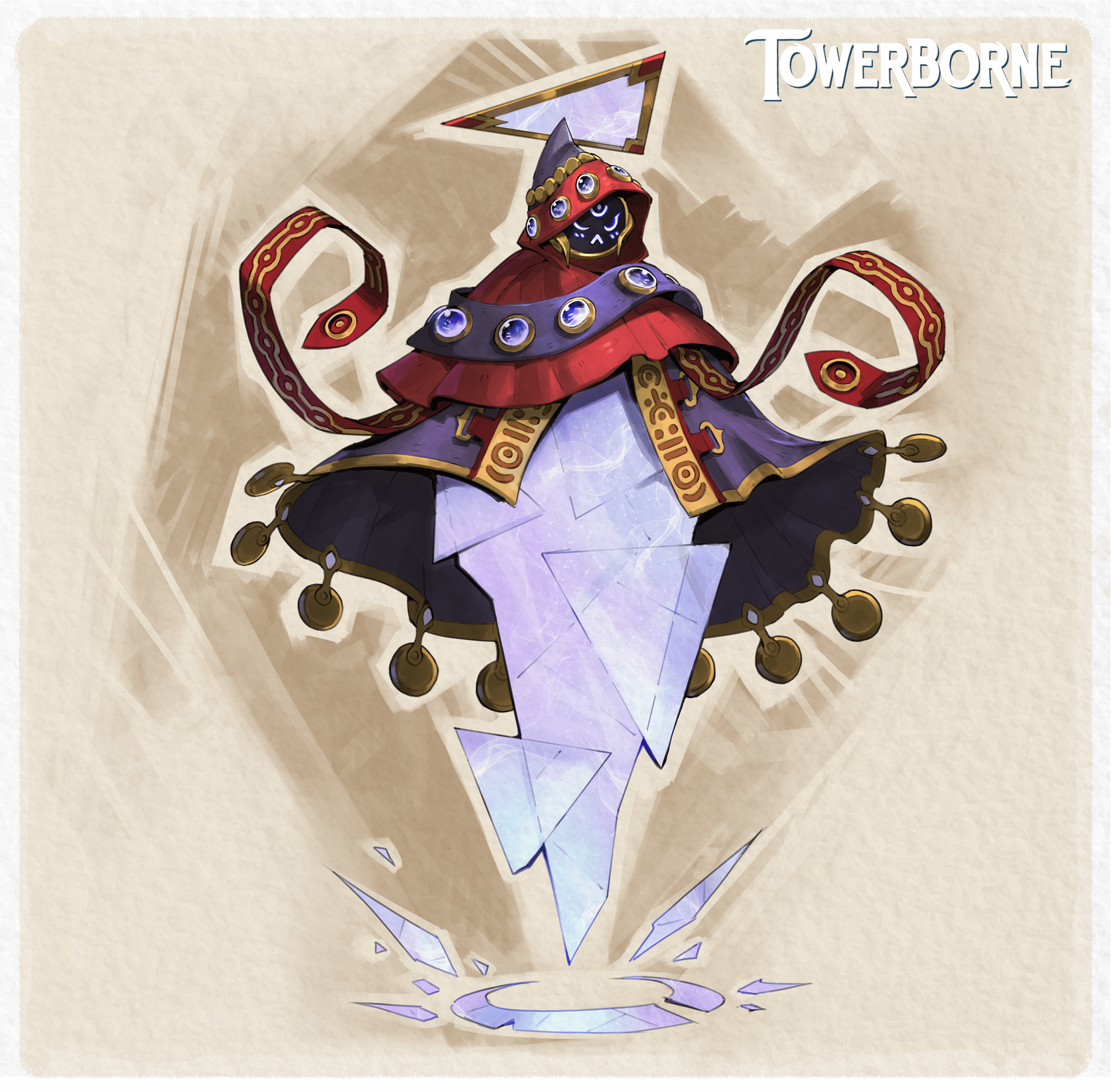 A being made of light purple crystal in triangles and diamonds, wrapped in red and violet robes with gold accents.