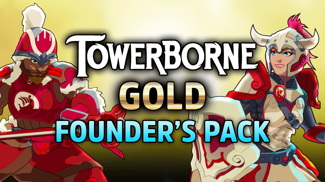 Towerborne Gold Founder's Pack image featuring two characters in red and white armor, showcasing exclusive game content. width=1280 height=720 