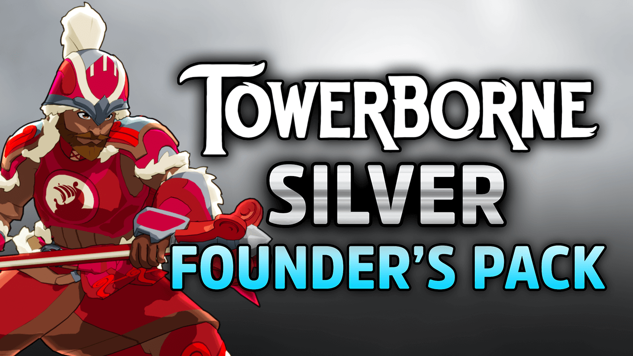 Towerborne Silver Founder's Pack image with a character in red and white armor, highlighting exclusive game content. width=1280 height=720 