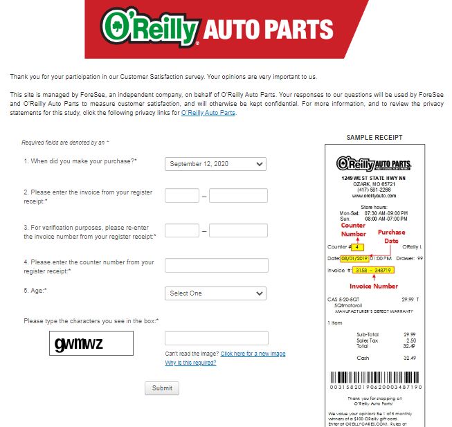 O’Reilly Auto Parts Customer Satisfaction Survey