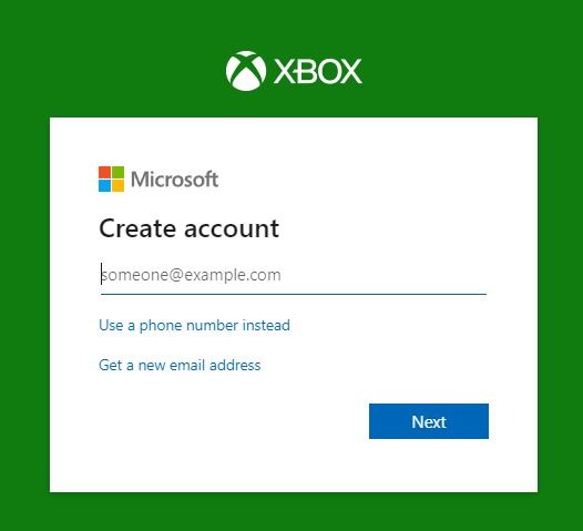 register for a new Xbox account.