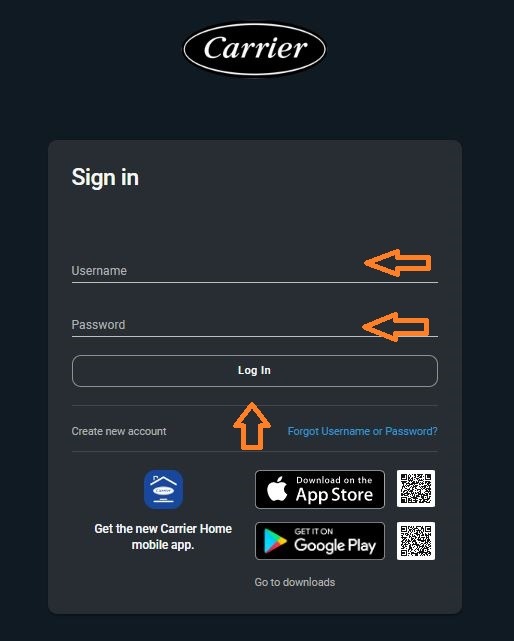 Carrier Infinity Login page