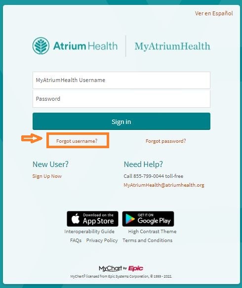 My Atrium Health Login reset Username 1