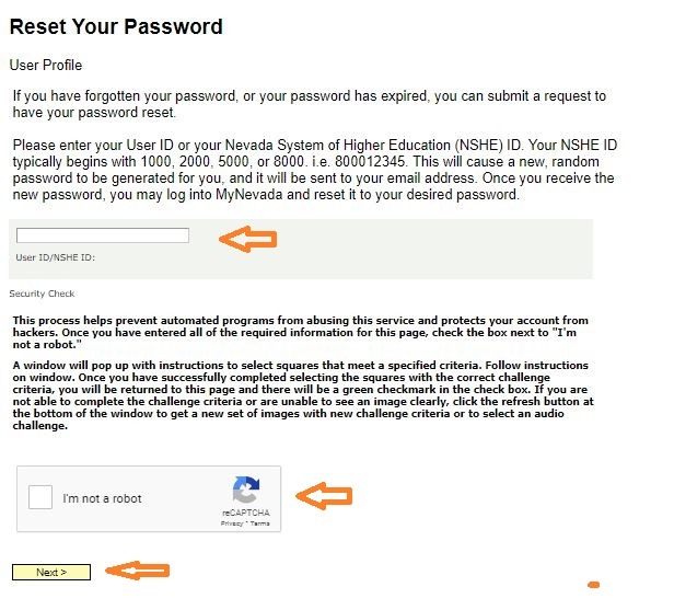 MyNevada Login reset password 2