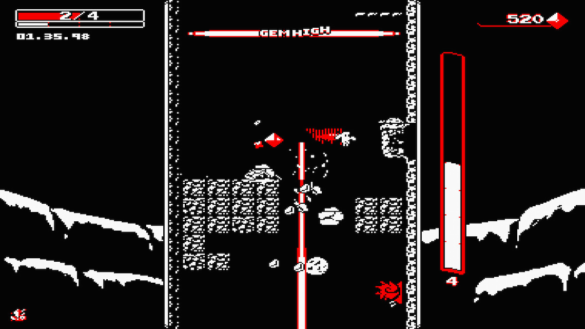 The protagonist in Downwell falling and avoiding both objects and enemies.