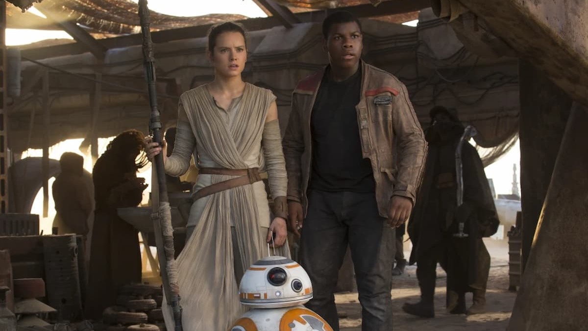 Rey, Finn, and BB8 in Star Wars: The Force Awakens