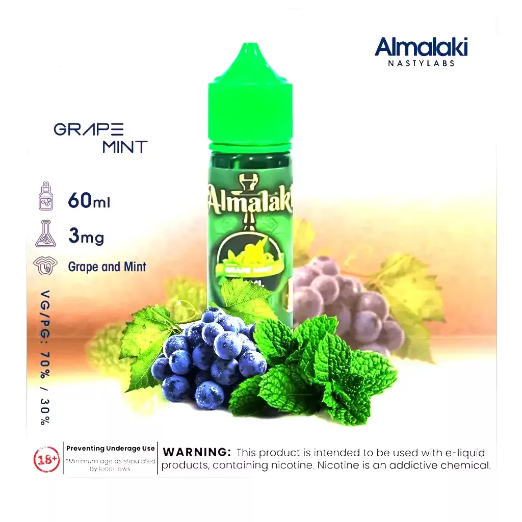 ALMALAKI GRAPE MINT – 60ML By In Uae Vape Club Dubai Authentic Almalaki Best E-liquid Brand Name: Nastylabs Flavor: Grape and Mint Size: 60ml