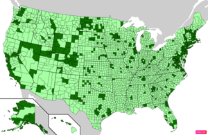 Counties in the United States by median nonfamily household income according to the U.S. Census Bureau American Community Survey 2013–2017 5-Year Estimates.[196] Counties with median nonfamily household incomes higher than the United States as a whole are in full green.