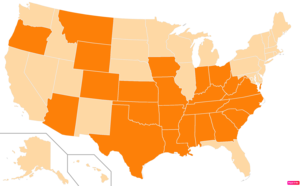 States in the United States by Evangelical Protestant population according to the Pew Research Center 2014 Religious Landscape Survey.[190] States with Evangelical Protestant populations greater than the United States as a whole are in full orange.