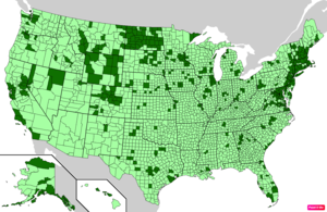 Counties in the United States by per capita income according to the U.S. Census Bureau American Community Survey 2013–2017 5-Year Estimates.[196] Counties with per capita incomes higher than the United States as a whole are in full green.