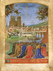 Notre-Dame and the rest of Paris in the background of a c. 1452–1460 illuminated manuscript by Jean Fouquet
