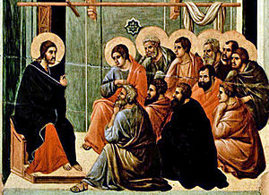 Jesus giving the Farewell Discourse to his eleven remaining disciples after the Last Supper, from the Maestà by Duccio, c. 1310.