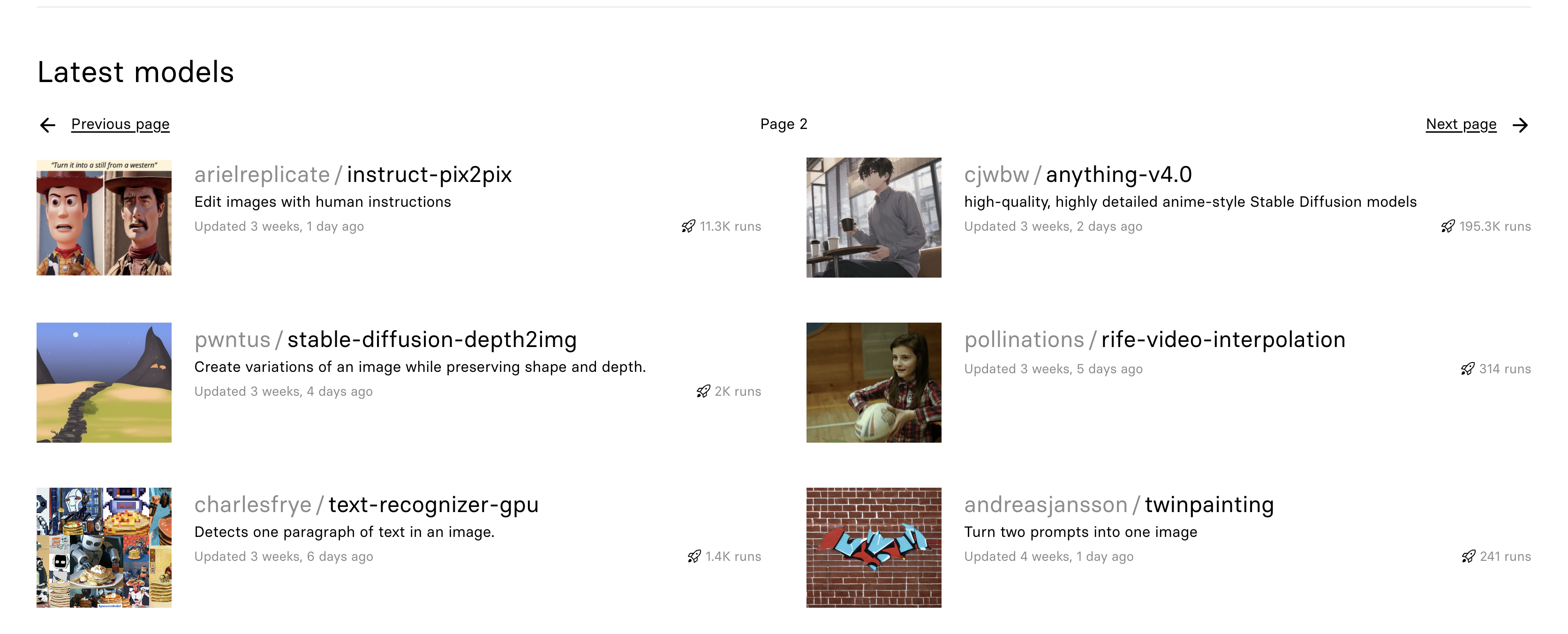 Screenshot of a pagination interface above a bunch of latest models on Replicate