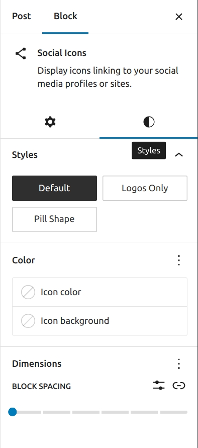 Styles settings tab for Social icons block