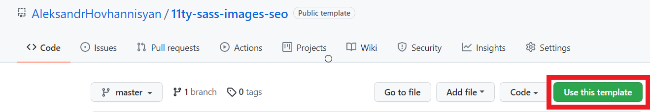 The header for this repo, showing various tabs and action buttons. The green Use this template button has a red focus ring around it.