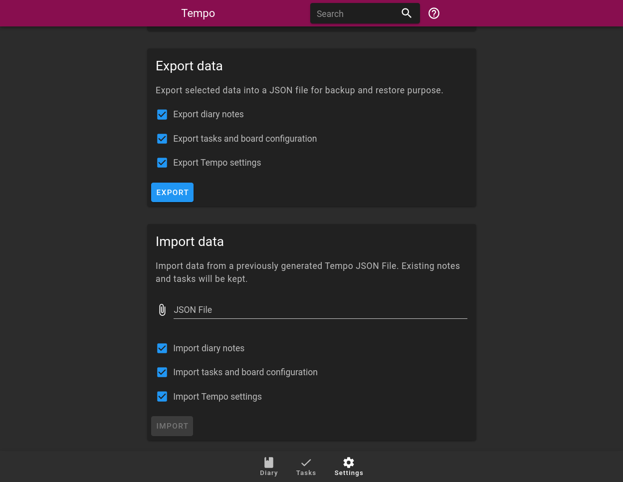 Tempo's backup/restore form