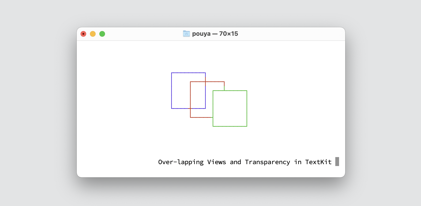 Screenshot of a TextGraphic demo showing 3 boxes layered on each other. On with a transparent background and one with a solid colored background