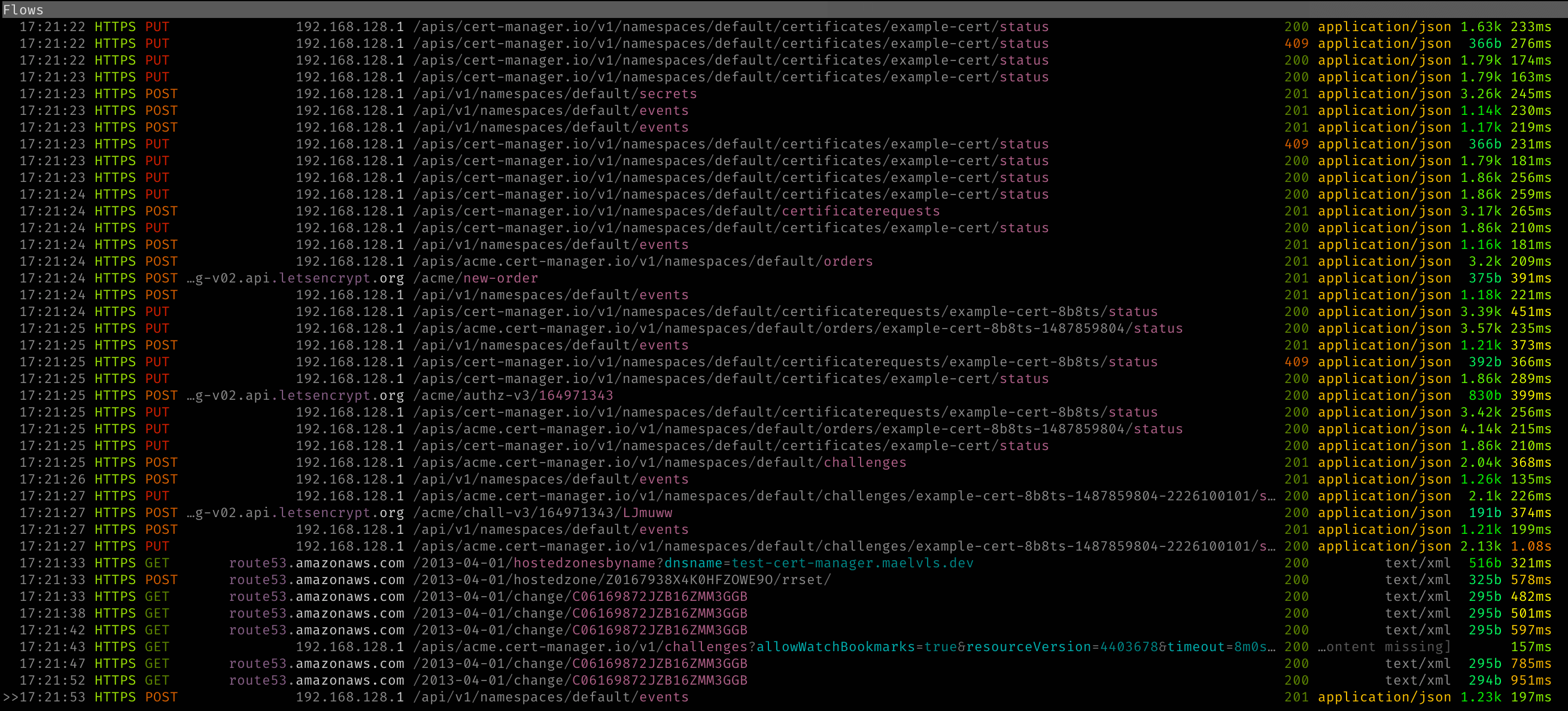 An mitmproxy screenshot when debugging cert-manager-controller. Screenshot stored in the issue https://github.com/maelvls/kubectl-incluster/issues/1