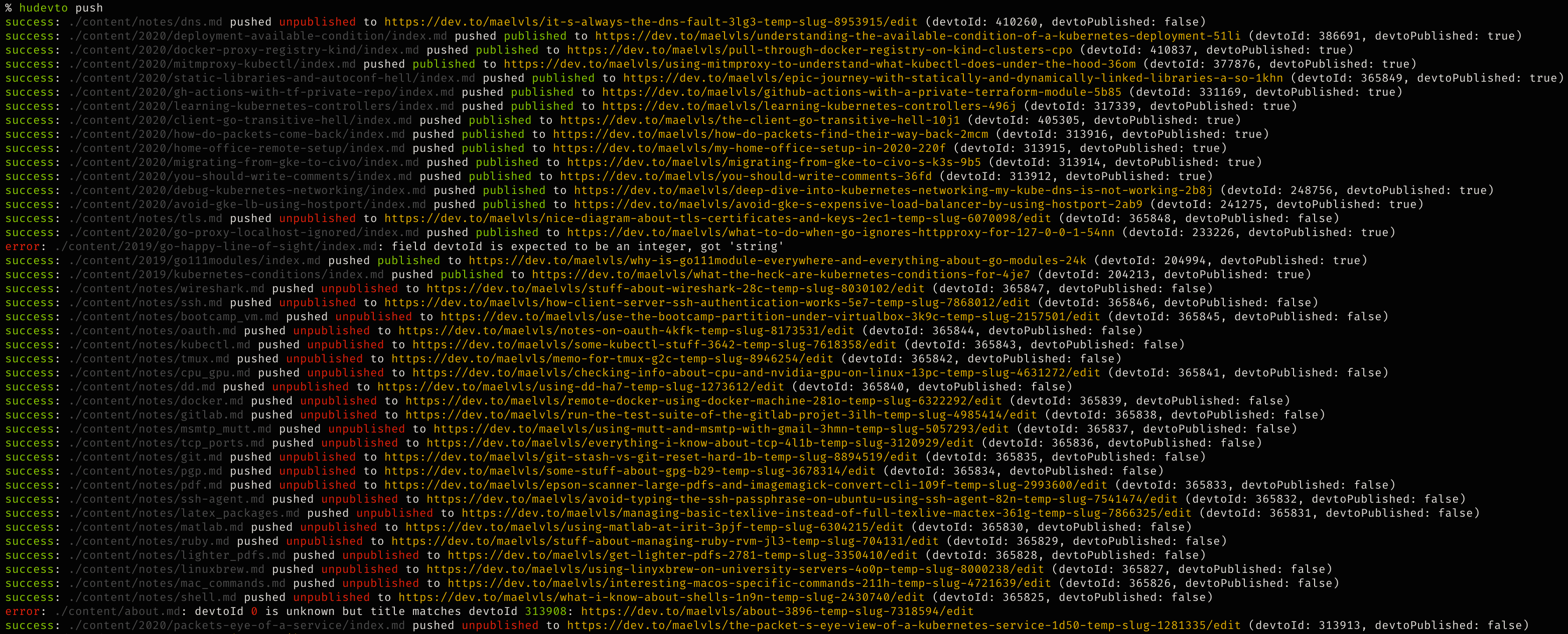 Screenshot of the hudevto push command