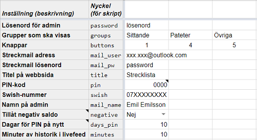 Settings page