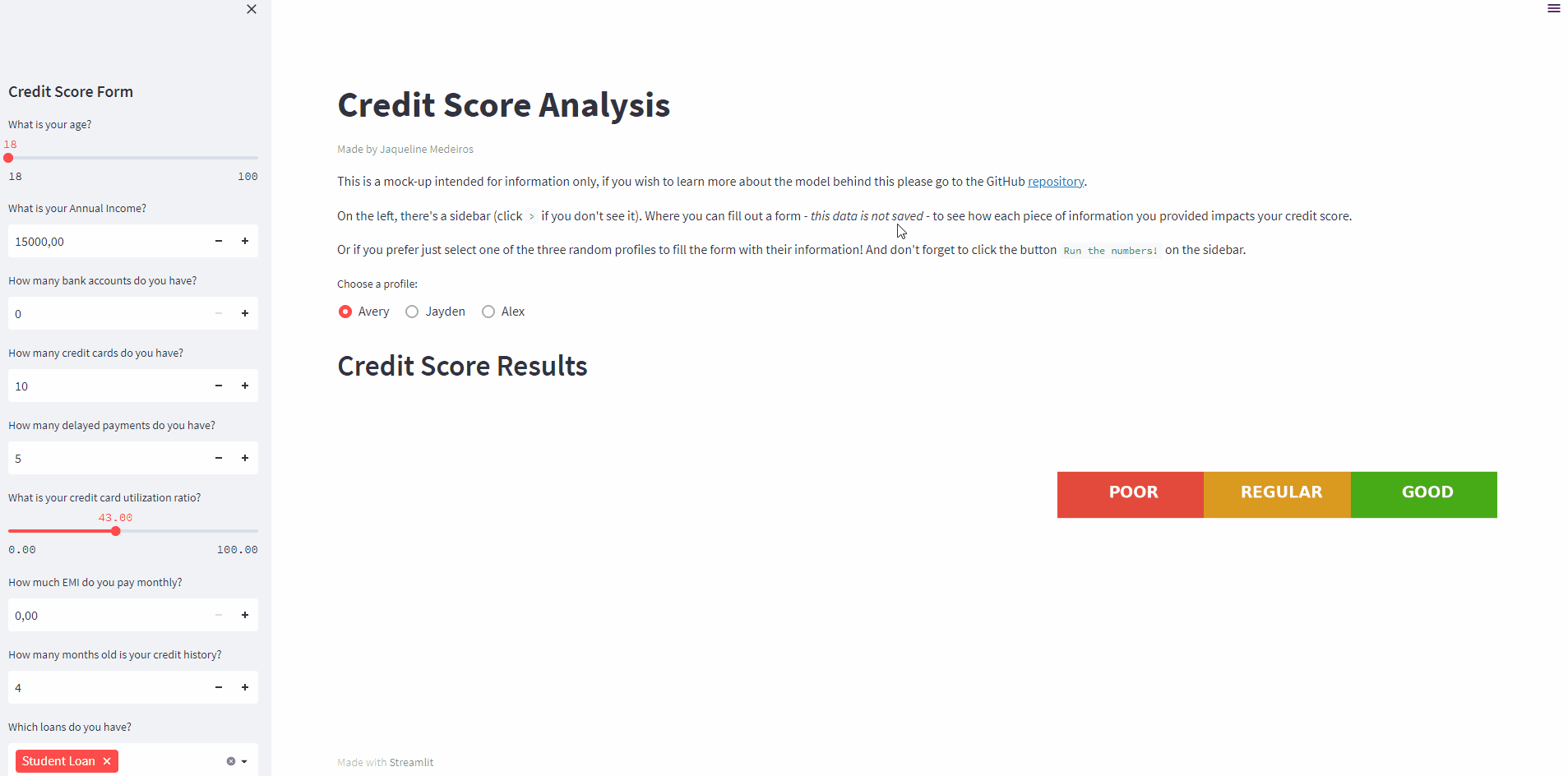 a gif showing how the streamlit credit score app works