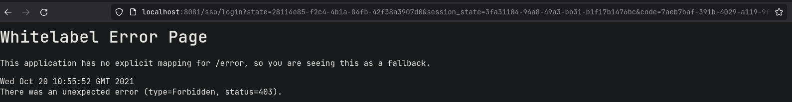 Whitelabel error page with OAuth query params URL filled in