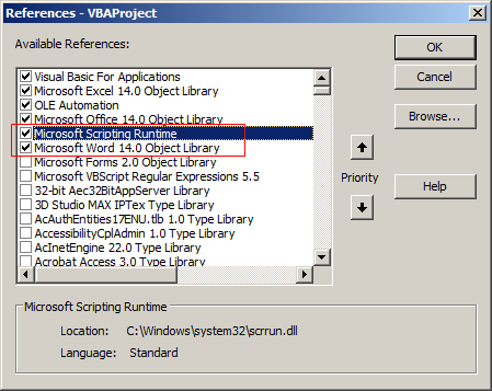 Microsoft Scripting Runtime and Microsoft Word Object Library