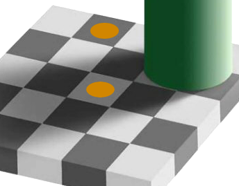 This illusion demonstrates the context sensitivity of our color perception. Both yellow dots are identical, but the top one looks brown, and the bottom one looks like bright yellow, though the  CSS colors are the same YellowDotCheckerShadow_DLyon_PD