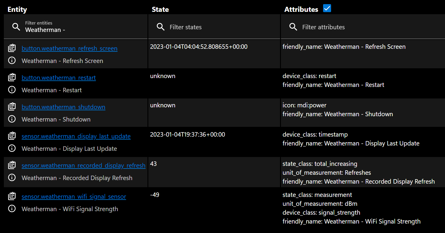 List of available sensors and buttons