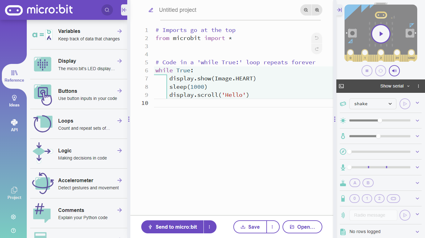 Screenshot of the Python editor showing the code editing area, Reference documentation and micro:bit simulator
