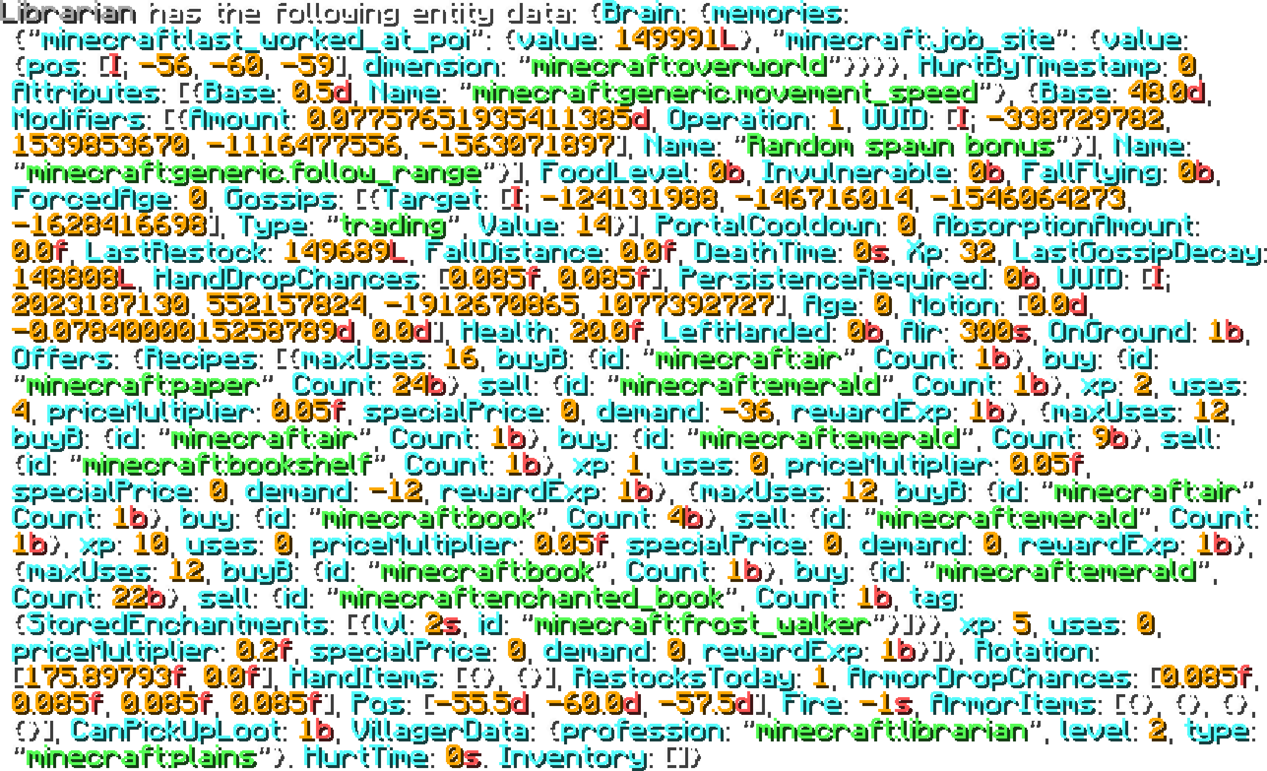 A large wall of text showing all the attributes and information of a minecraft villager