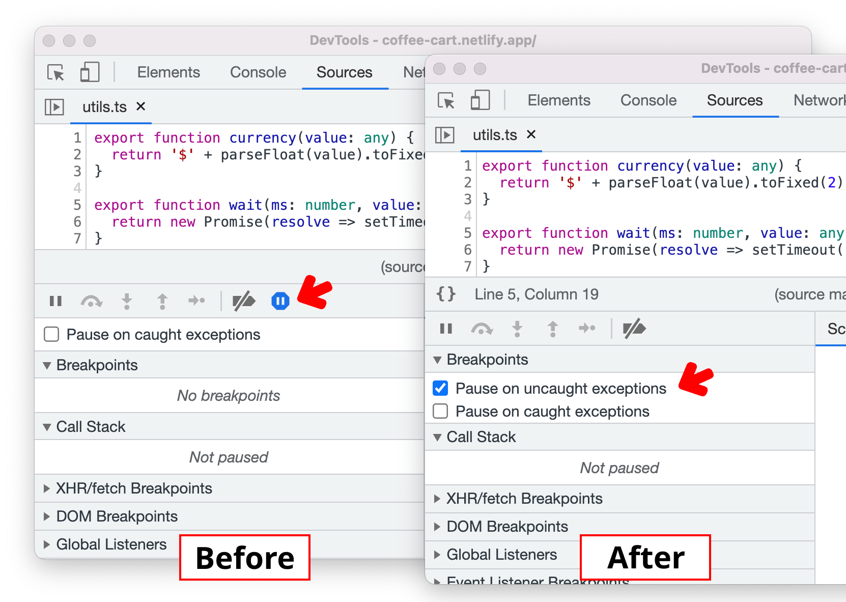 Moved pause on exceptions to the breakpoint pane