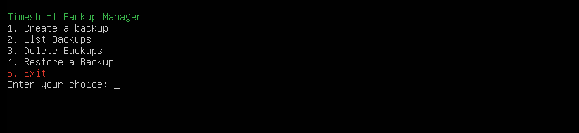 Timeshift backup manager menu