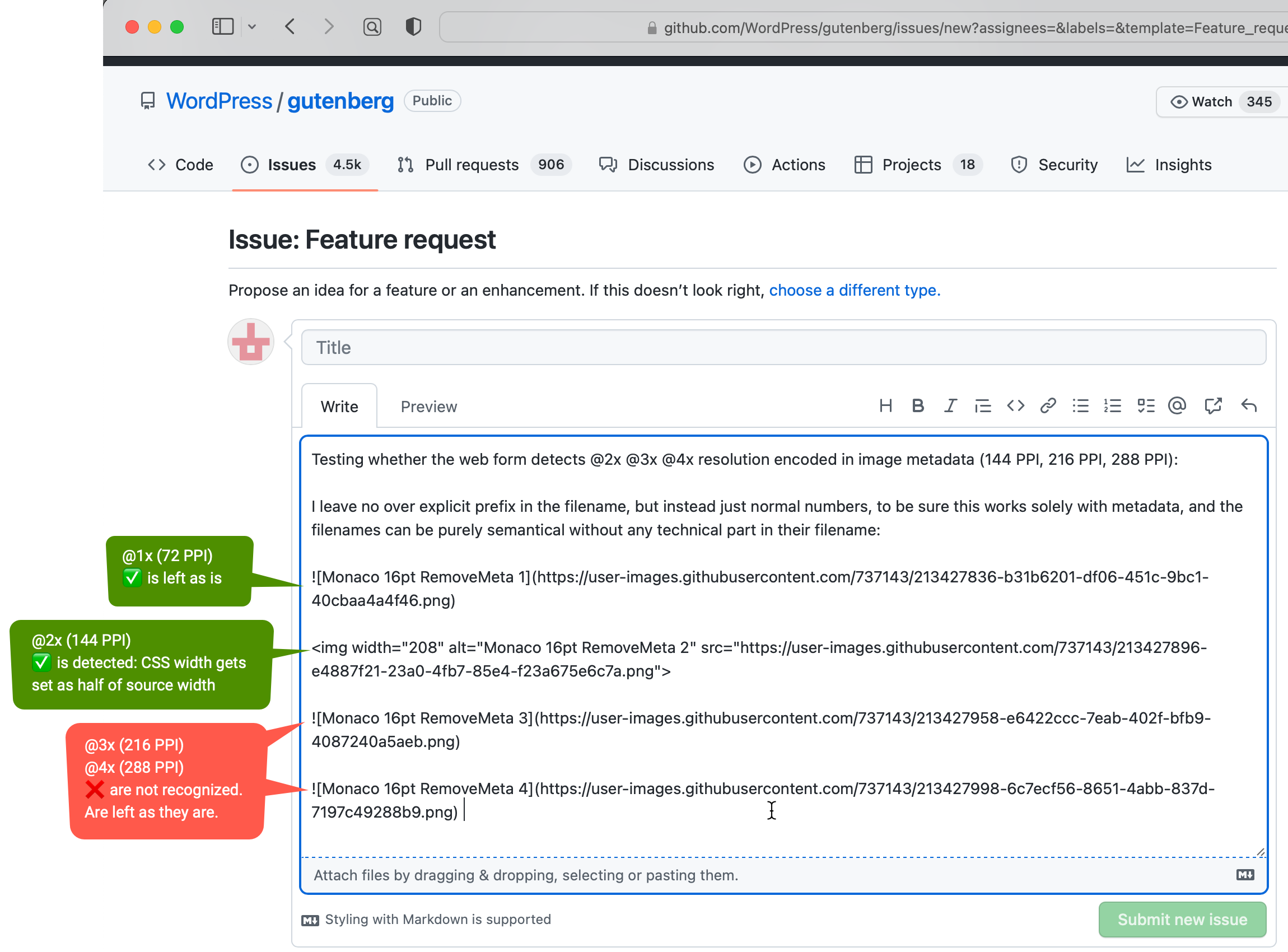 Github issue submission form detects high resolution encoded in image metadata of PNGs for `@2x` but not for @3x and @4x