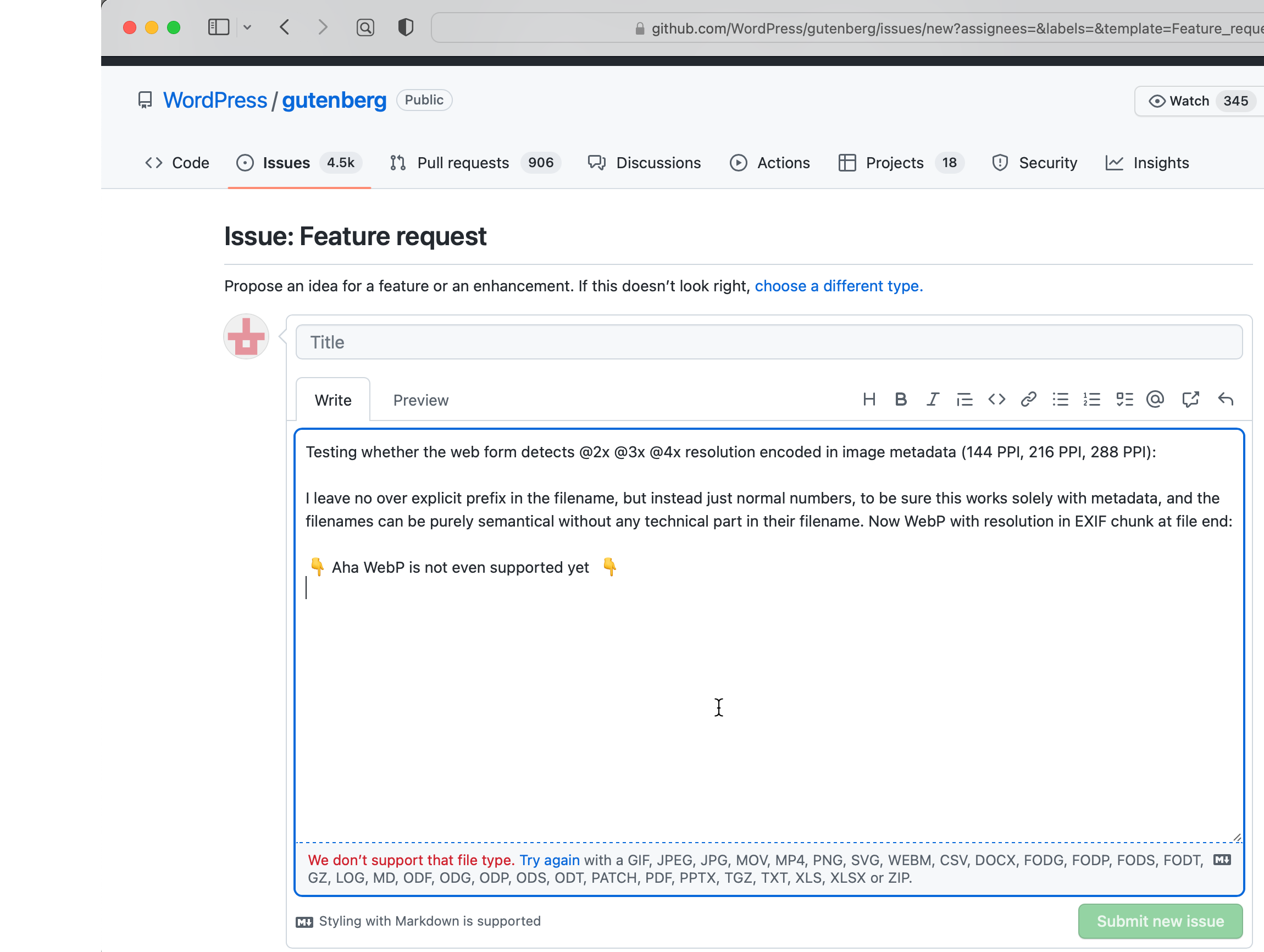 Github issue submission form has no WebP support at all