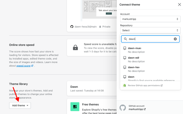 Add a theme and connect it to your github repo