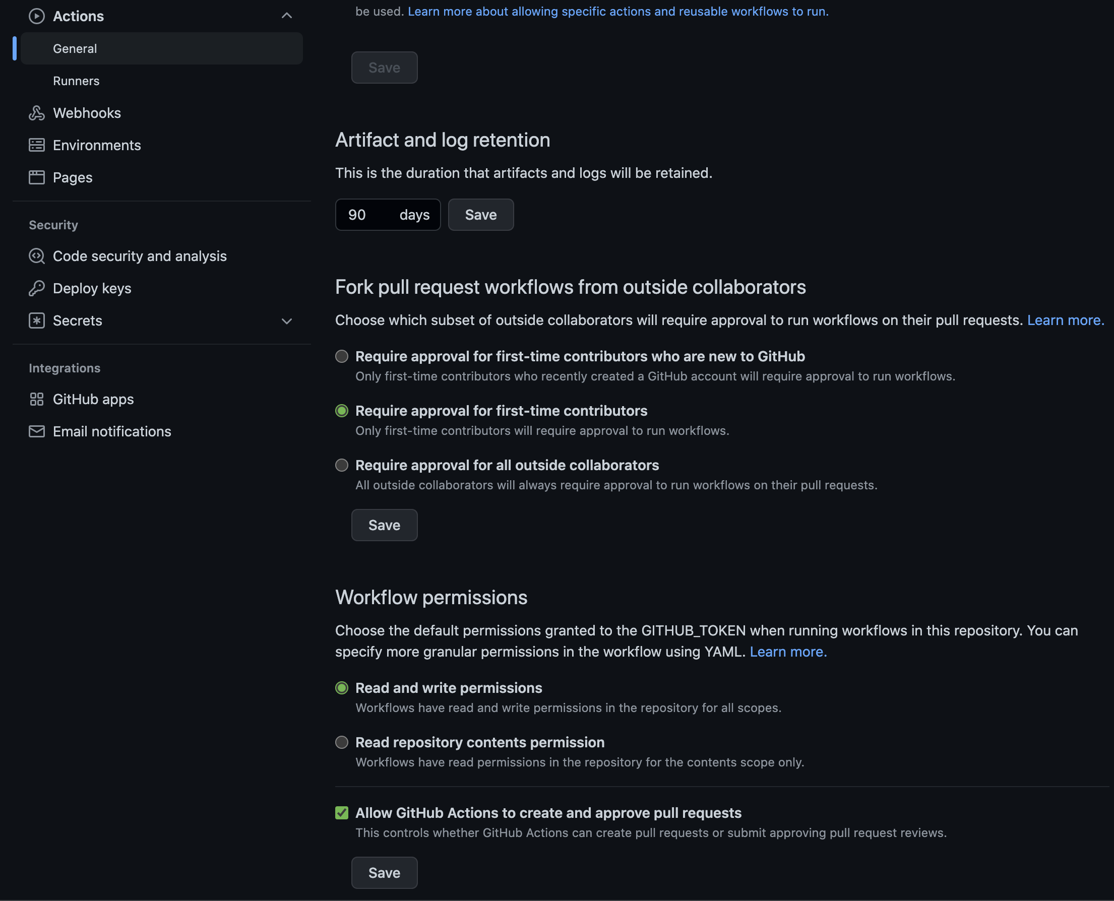 Workflow permissions settings