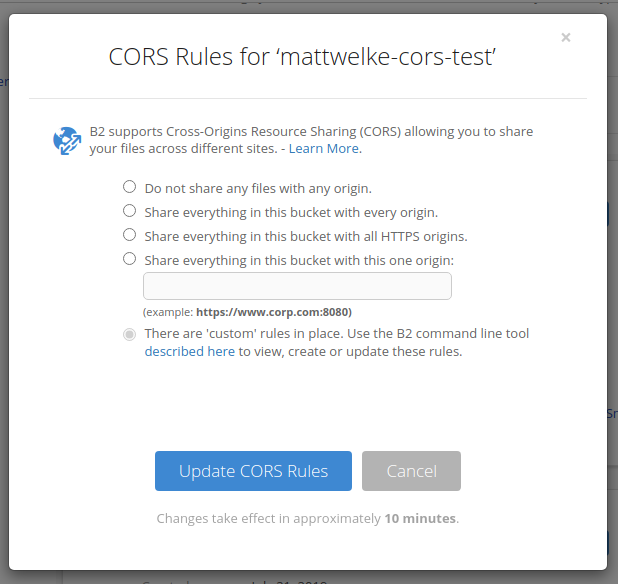 custom CORS rules for bucket screenshot