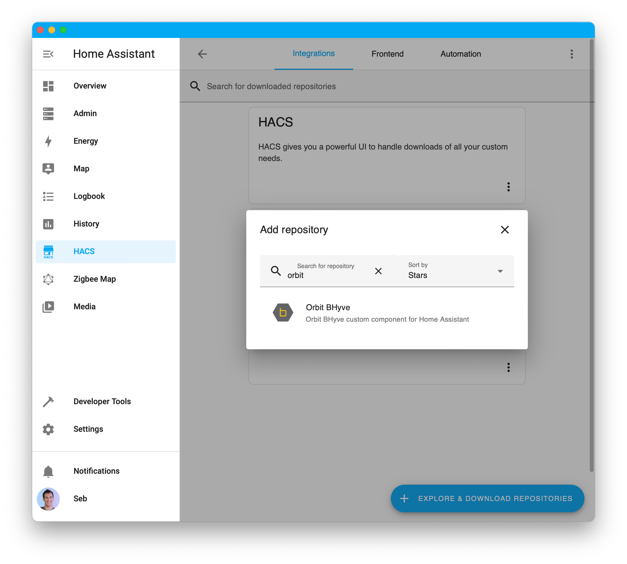 Install B-hyve from HACS