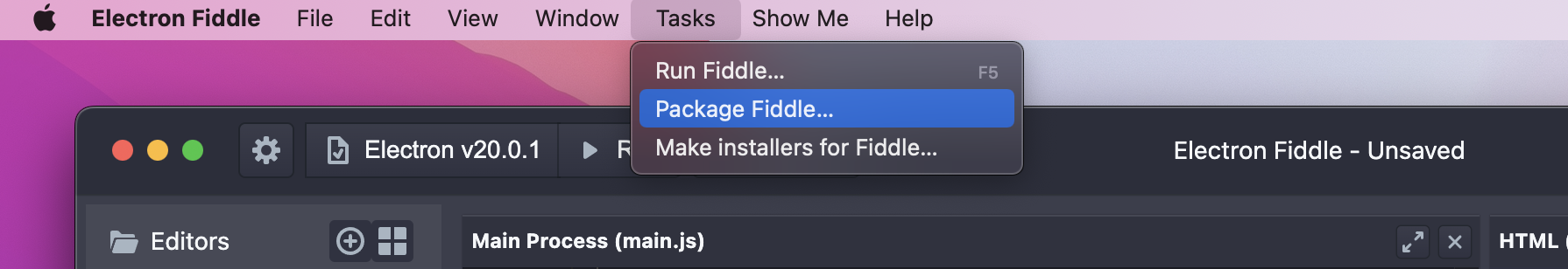 Screenshot: Fiddle's Tasks Menu