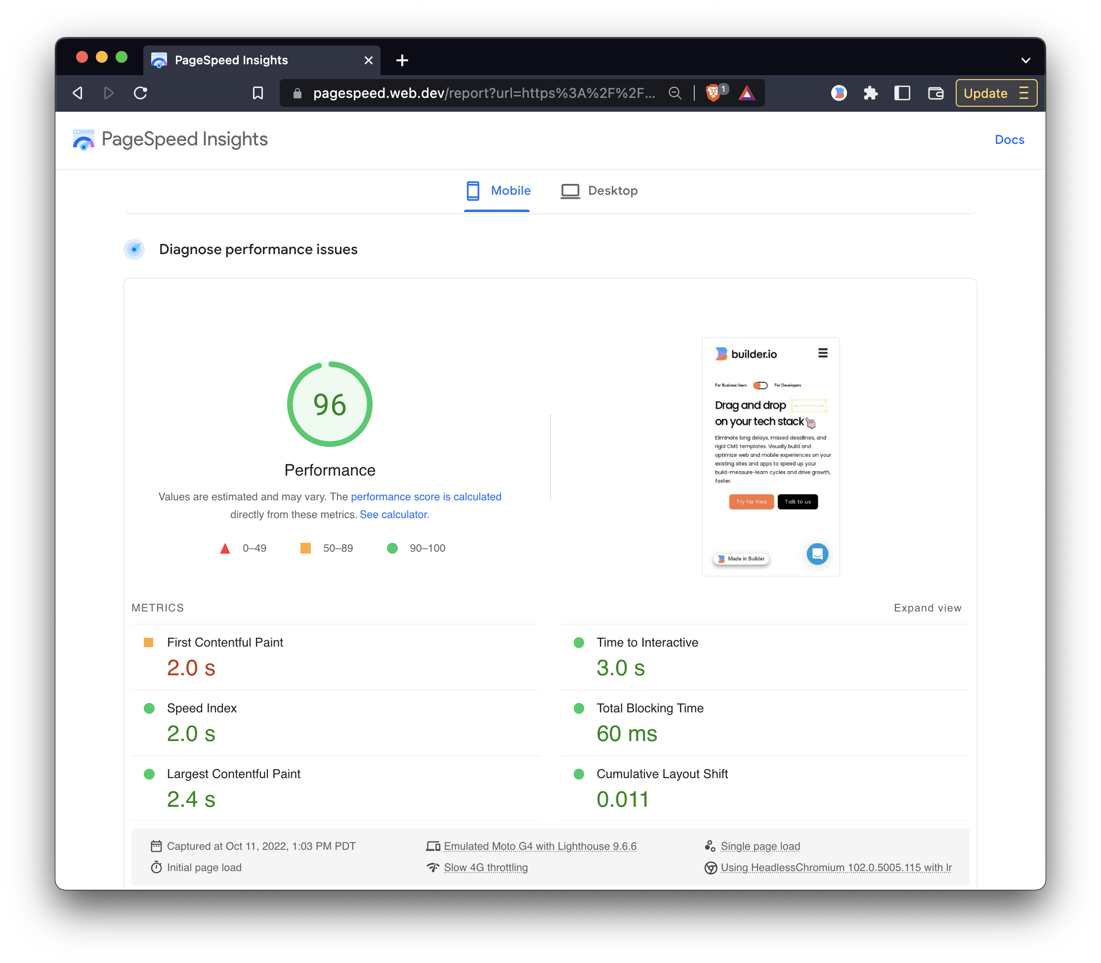 Screenshot of Builder.io site performance (96/100 on mobile pagespeed insights)
