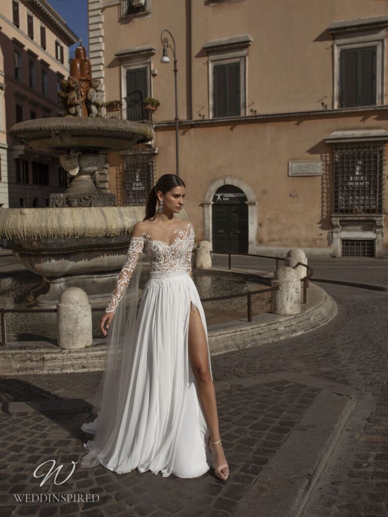 pinella passaro wedding dress lace sheath long sleeves slit