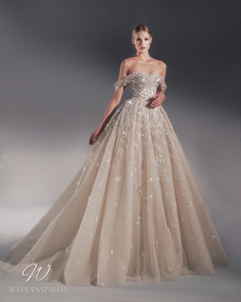 zuhair murad 2022 wedding dress off the shoulder blush sparkly princess ball gown