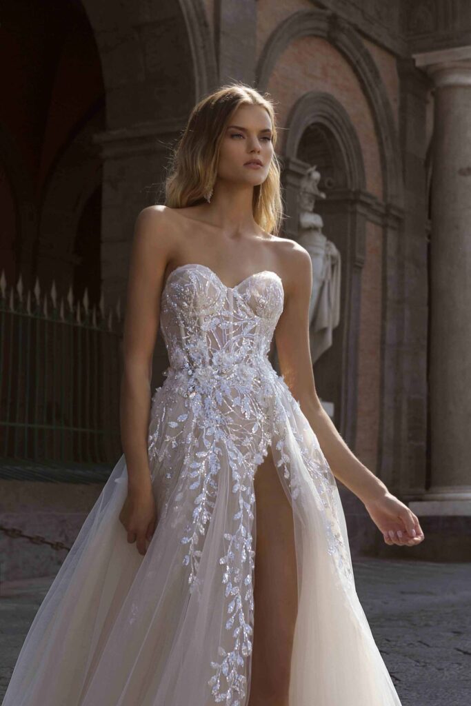 berta wedding dress 20-113 strapless lace tulle a-line slit